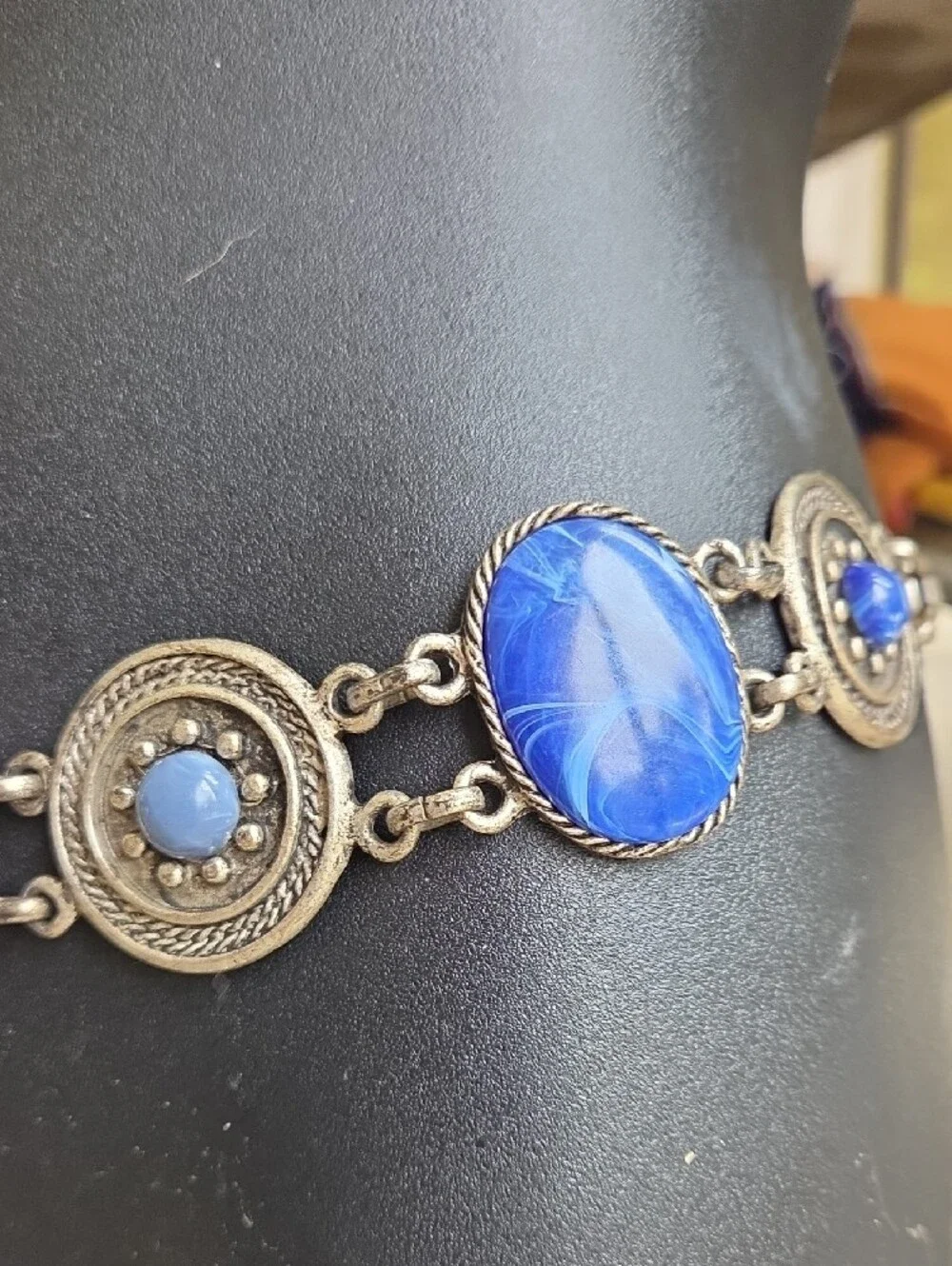 Stunning!Vintage,Cache!,distressed silver,shades of blue,glass stones,chain belt